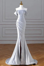 Sparkly Mermaid Silver Sequin Prom Dress Off the Shoulder Evening Gown with Slit Y5233