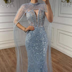 Luxury Evening Dress Nude Pearls Beaded Gown With Tulle Train LA72189A