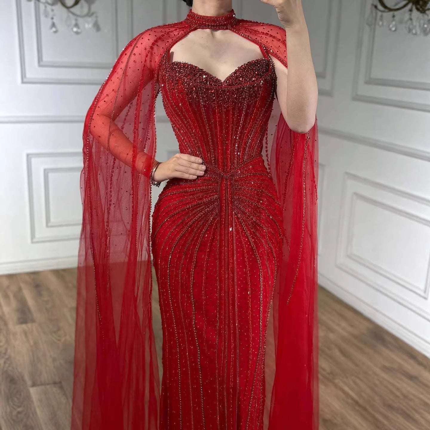 Luxury Dubai Caramel Beaded Evening Dress With Cape LA72811C