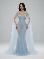 Luxury Nude Mermaid Evening Dress with Cape Sleeves LA73118