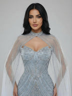 Luxury Nude Mermaid Evening Dress with Cape Sleeves LA73118