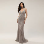 Luxury Nude Beaded High Slit Mermaid Evening Dress LA73340