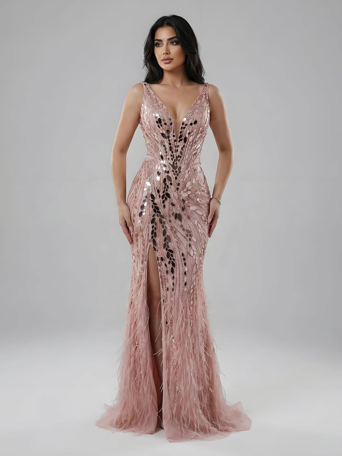 Luxury Blue Beaded Feather Mermaid Evening Dress LA73369