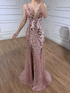 Luxury Blue Beaded Feather Mermaid Evening Dress LA73369