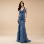 Luxury Blue Beaded Feather Mermaid Evening Dress LA73369