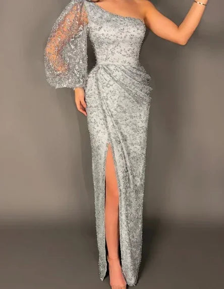 Sexy Silver Gray One Shoulder Sequin Sheath Long Prom Dress Slit Evening Dress Y8529
