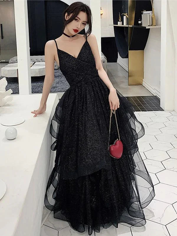 Shiny Black V Neck Prom Dresses, Backless Black V Neck Formal Evening Gown Y1148
