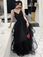 Shiny Black V Neck Prom Dresses, Backless Black V Neck Formal Evening Gown Y1148