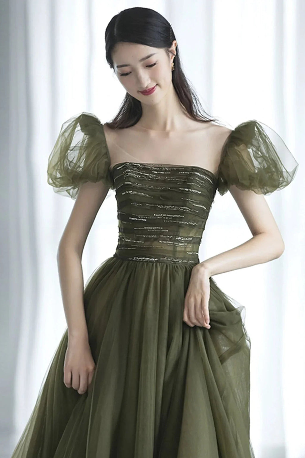 Green tulle long prom dress green evening dress Y623