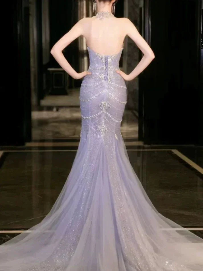 Gorgeous Lilac Tulle Beaded Wedding Prom Dress Mermaid Evening Dress Y8057