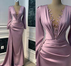 Vintage Purple Prom Dress Long Sleeve Illusion V-neck Mermaid Evening Dress Floor Length Y6647