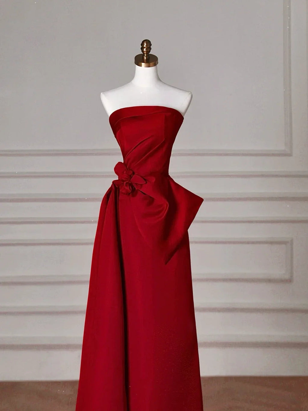 Elegant Red Satin Strapless Prom Dress A Line Formal Evening Dress Y8624