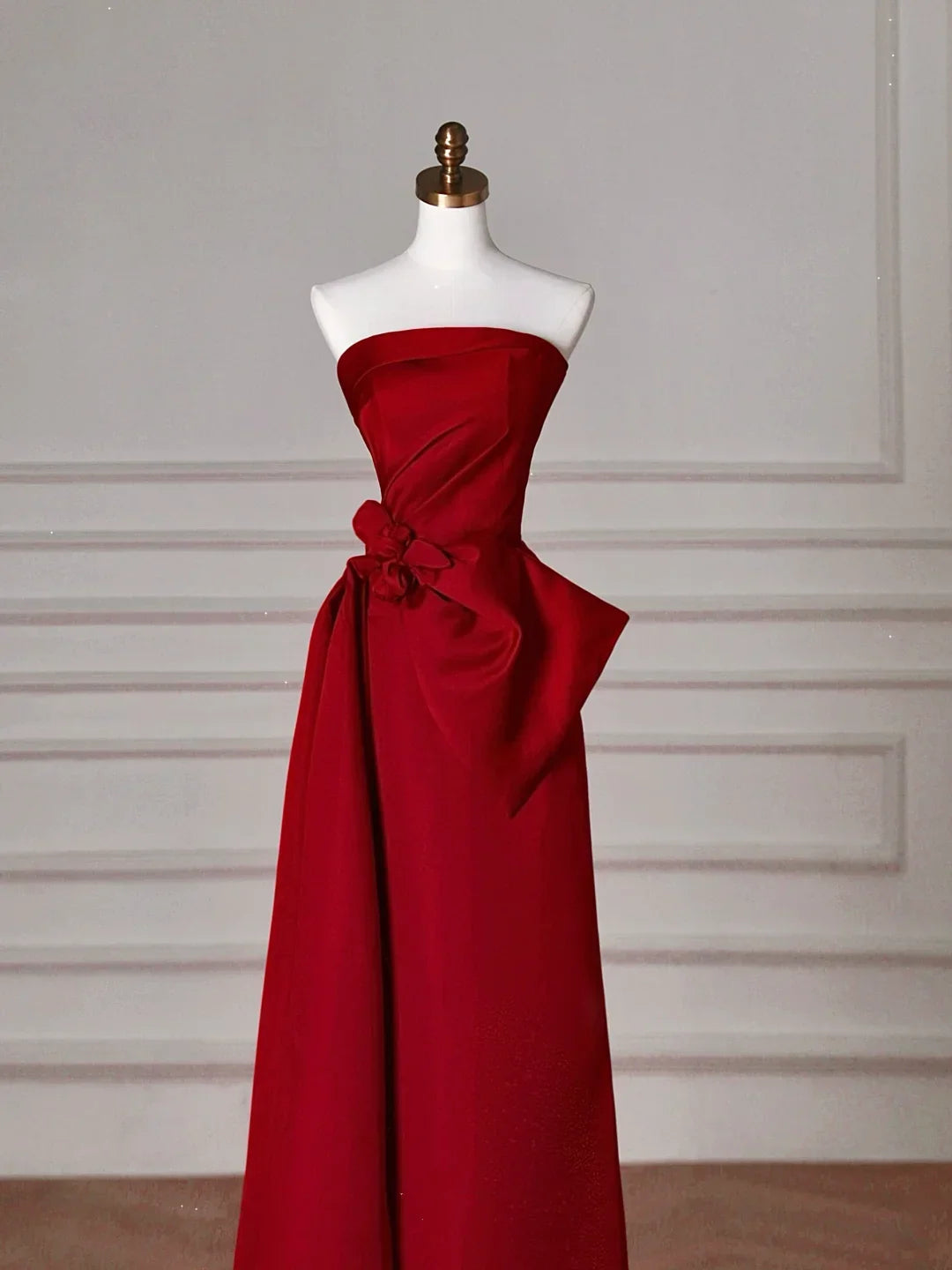 Elegant Red Satin Strapless Prom Dress A Line Formal Evening Dress Y8624