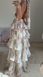 Glamorous Chiffon Print Floral A Line Backless Prom Dress V Neck Halter Layered Evening Dress Y8501