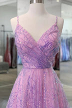 Shiny V Neck Backless Long Purple Prom Dress Backless Purple Formal Graduation Evening Dress Y917