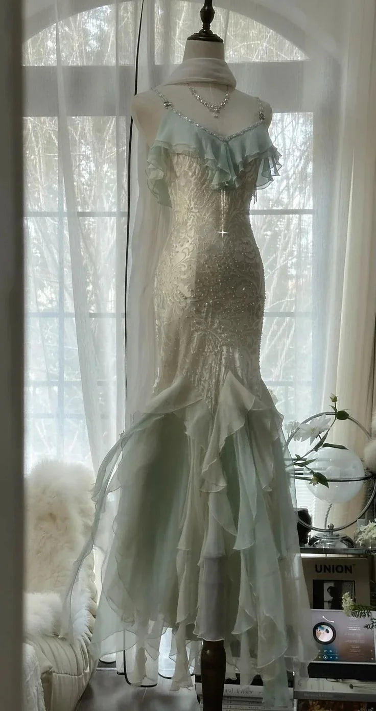 Classy Mint Green Temperament Mermaid Spaghetti Strap Chiffon Beaded Evening Dress Formal Prom Dress Y8546