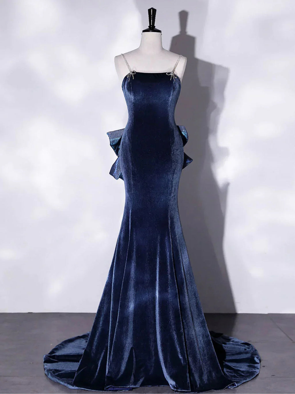 Mermaid Velvet Blue Long Prom Dresses Blue Velvet Long Evening Dress Y4387