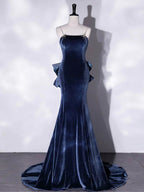 Mermaid Velvet Blue Long Prom Dresses Blue Velvet Long Evening Dress Y4387