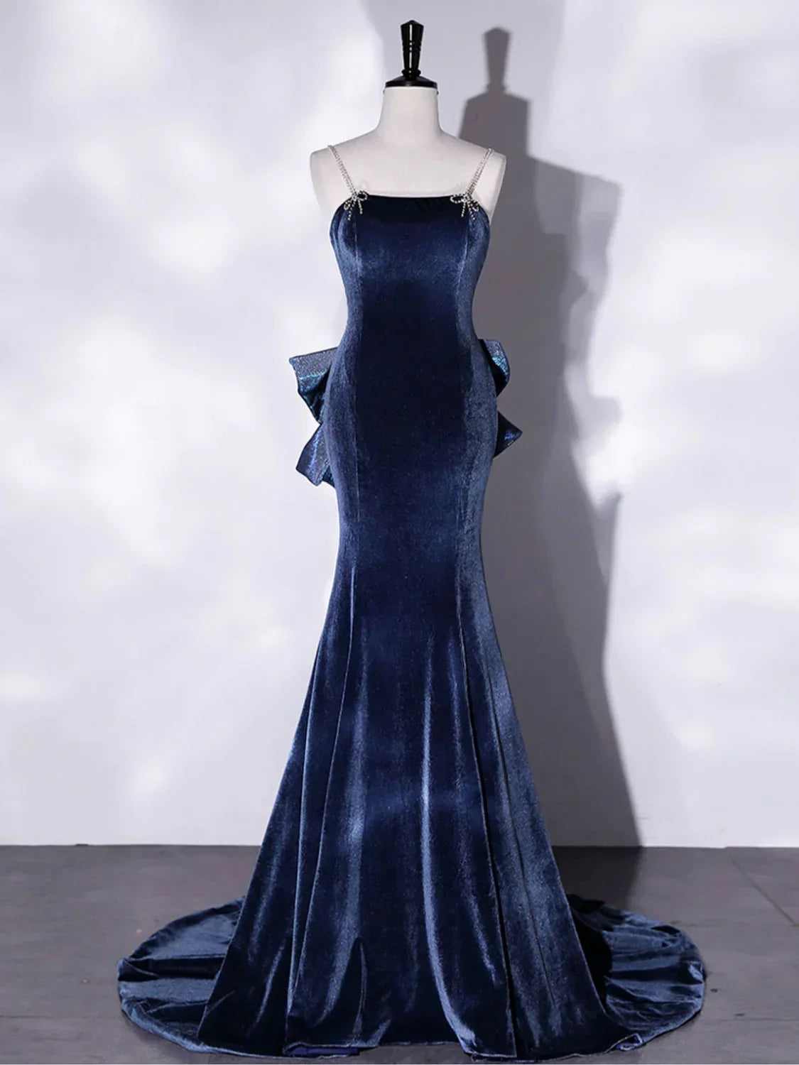 Mermaid Velvet Blue Long Prom Dresses Blue Velvet Long Evening Dress Y4387