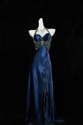 Luxury Navy Blue Beaded Slit Evening Dress Formal Prom Dress Y7723