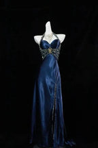 Luxury Navy Blue Beaded Slit Evening Dress Formal Prom Dress Y7723