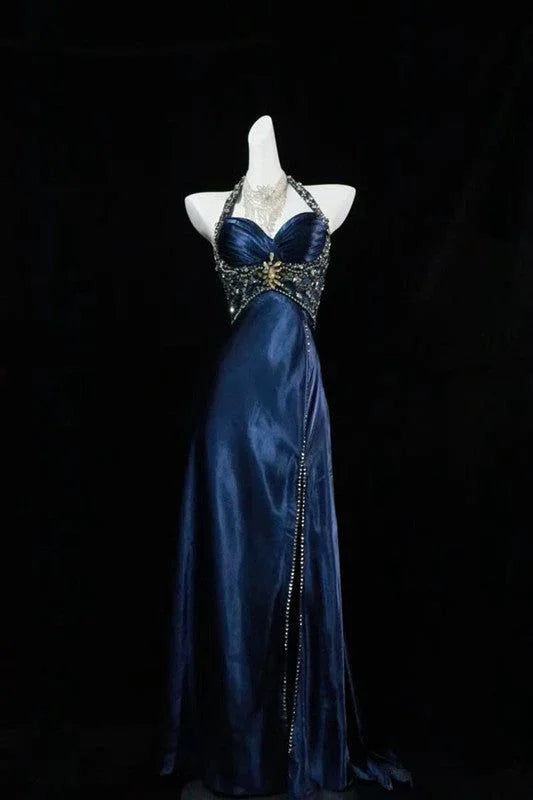 Luxury Navy Blue Beaded Slit Evening Dress Formal Prom Dress Y7723