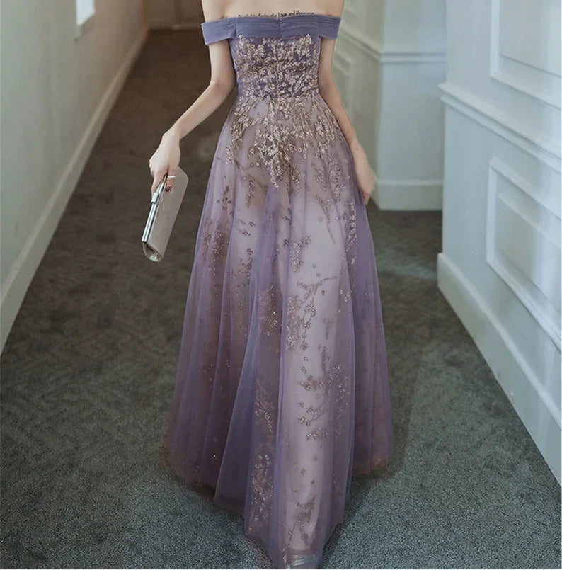 Dreamy Purple Prom Dress off Shoulder Evening Dress Elegant Long Banquet Dress Sleeveless Party Dress Girl Graduation Dress Y4286