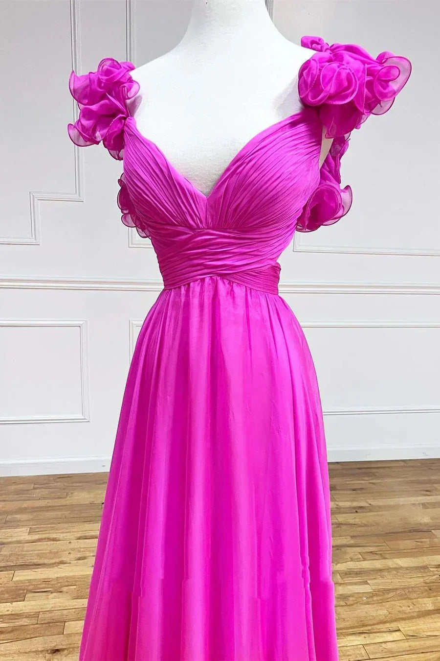 Lace-Up V-Neck Ruffle Pleated Long Prom Dress SYP180