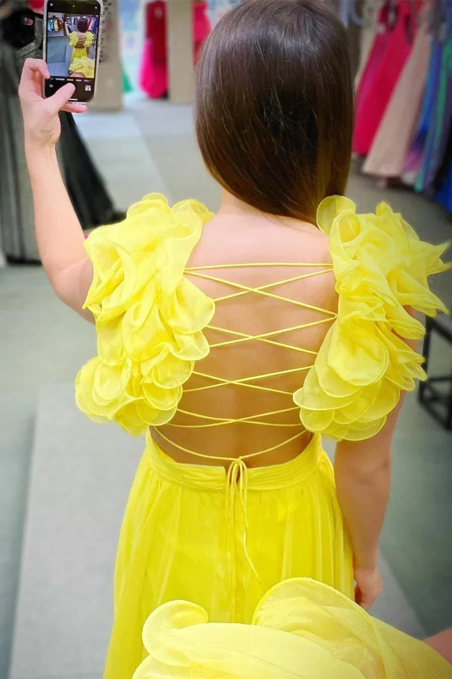 Lace-Up V-Neck Ruffle Pleated Long Prom Dress SYP180