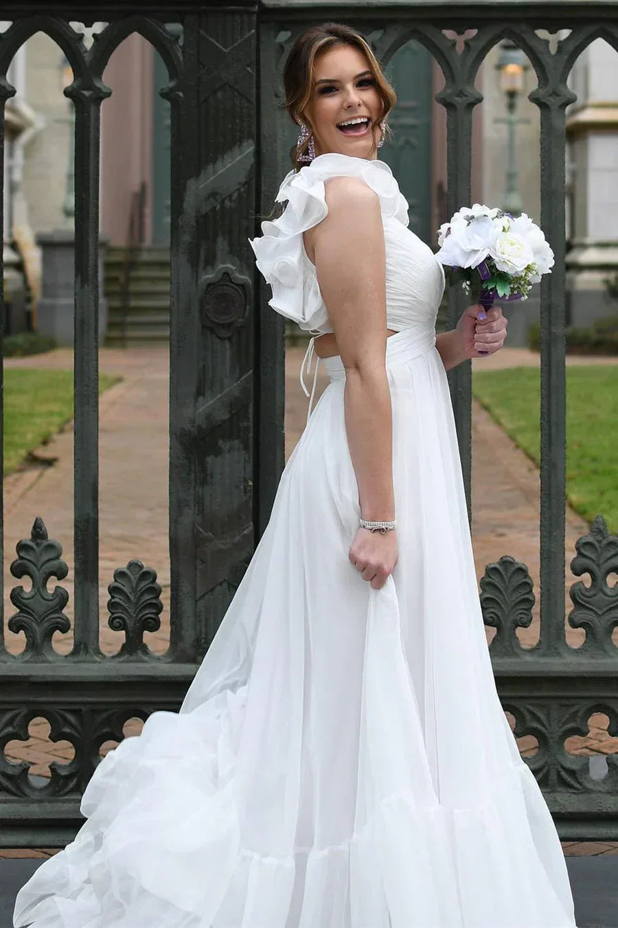 Lace-Up V-Neck Ruffle Pleated Long Prom Dress SYP180
