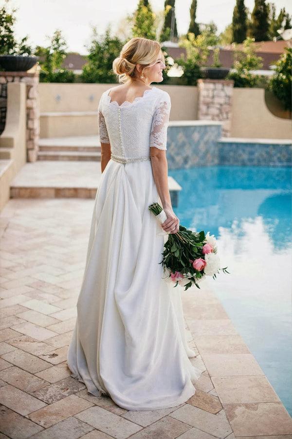 Lace A-Line Beading Ivory Half Sleeve Wedding Dress