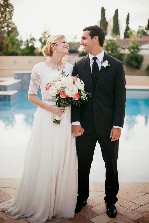 Lace A-Line Beading Ivory Half Sleeve Wedding Dress