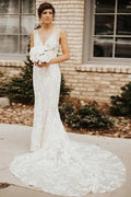 Lace Deep V-neck Bohemian Wedding Dress Mermaid Bridal Gown