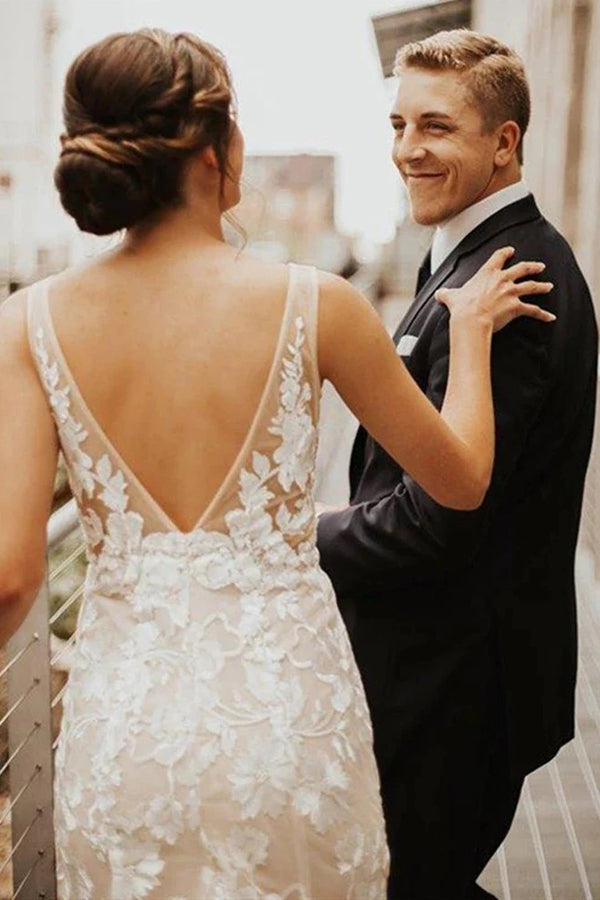 Lace Deep V-neck Bohemian Wedding Dress Mermaid Bridal Gown