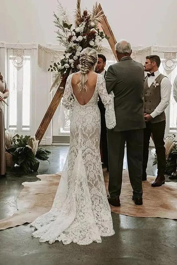 Lace Mermaid V-neck Long Sleeves Backless Bohemian Wedding Dresses