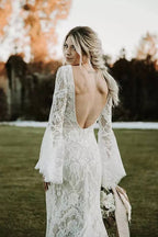 Lace Mermaid V-neck Long Sleeves Backless Bohemian Wedding Dresses