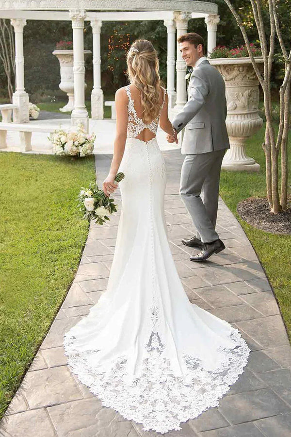 Lace Straps Court Train Mermaid Ivory Wedding Dress