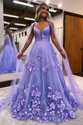 Lavender 3D Floral Lace A Line Sleeves Long Prom Dresses