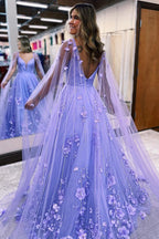 Lavender 3D Floral Lace A Line Sleeves Long Prom Dresses