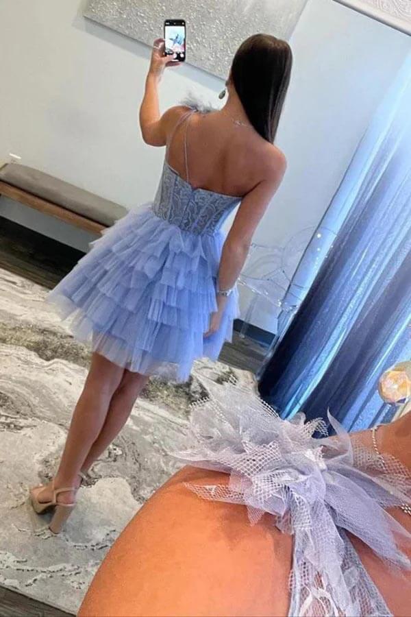 Lavender A-line One Shoulder Layered Skirt Lace Homecoming Dresses