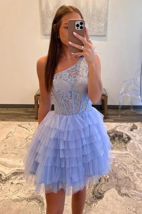 Lavender A-line One Shoulder Layered Skirt Lace Homecoming Dresses