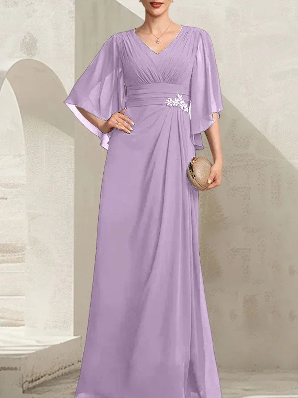 Sheath/Column V-Neck Floor-Length Chiffon Mother of the Bride Dress With Pleated Sequins Beading
