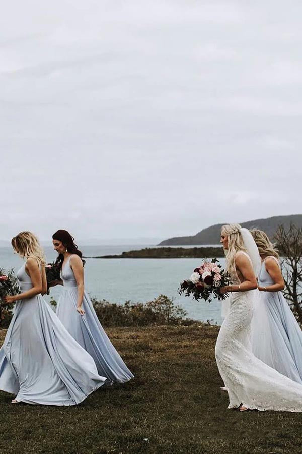 Light Blue Chiffon A-line V-neck Long Bridesmaid Dresses With Slit