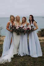 Light Blue Chiffon A-line V-neck Long Bridesmaid Dresses With Slit