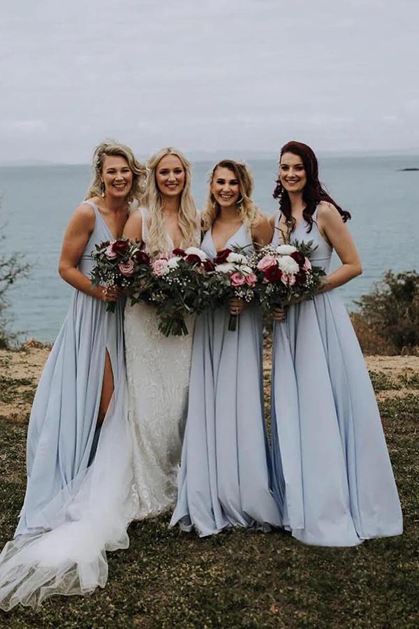 Light Blue Chiffon A-line V-neck Long Bridesmaid Dresses With Slit