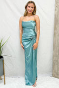 Light Blue Cowl Neck Twist Knot Pleated Long Prom Dress with Slit