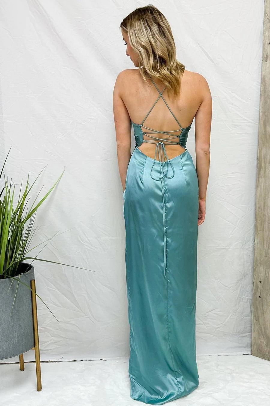 Light Blue Cowl Neck Twist Knot Pleated Long Prom Dress with Slit