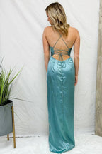 Light Blue Cowl Neck Twist Knot Pleated Long Prom Dress with Slit