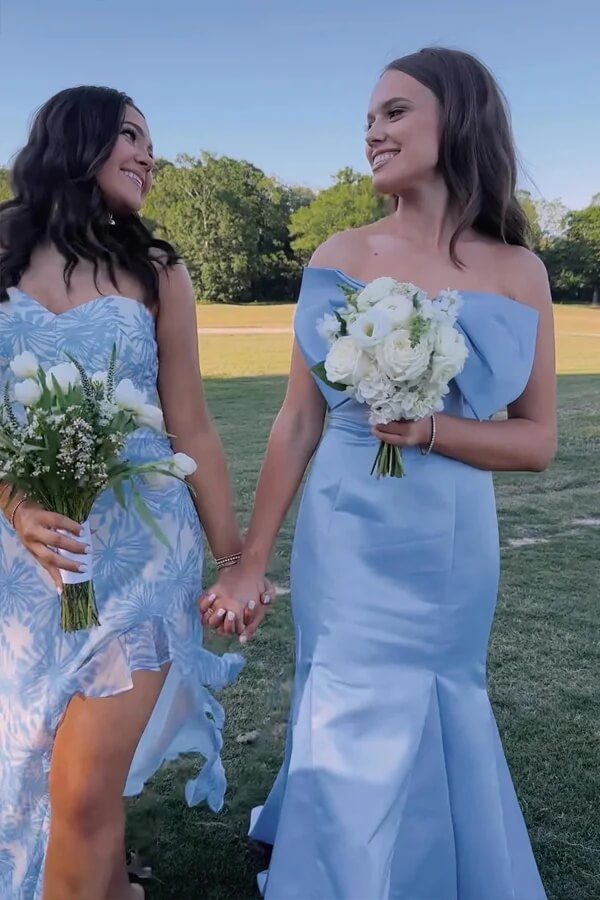 Light Blue Mermaid Strapless Tea Length Bridesmaid Dress With Bow