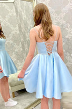 Light Blue Satin Homecoming Dresses, Beaded Short Party Dresses